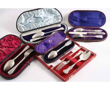 FIVE VARIOUS CASED SETS OF FLATWARE INCLUDING:- Two Victorian three-piece Christening sets, a tea spoon, an engraved spoon & 