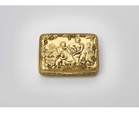 A GEORGE III SILVERGILT SNUFF BOX rectangular, with rounded corners and border engraving on the base, the cover cast with two