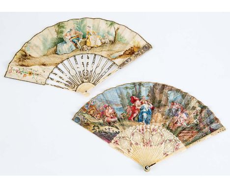 A FAN Carved & pierced ivory guards & sticks with silvered decoration, skin leaves painted with rustic figures, late 18th cen