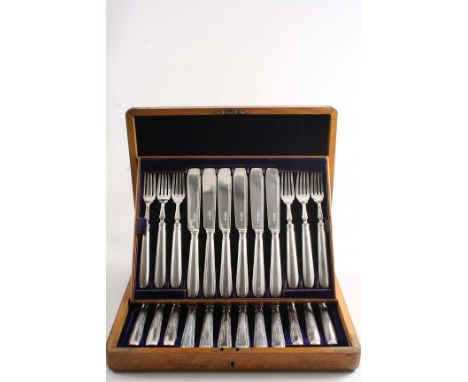 A LATE VICTORIAN CASED SET OF TWELVE PAIRS OF FISH KNIVES & FORKS with loaded Thread pattern handles, by Harrison Brothers & 