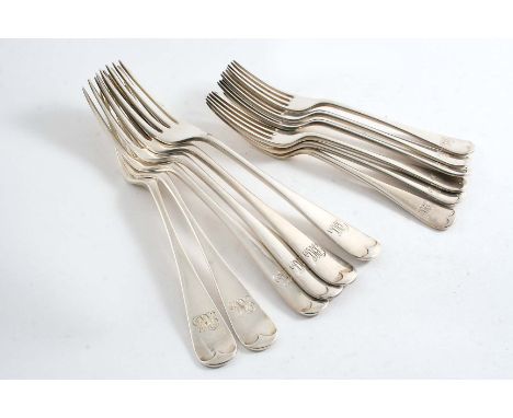 A SET OF SIX LATE VICTORIAN OLD ENGLISH PATTERN TABLE FORKS & SIX DESSERT FORKS TO MATCH, all initialled "RHL" (script), by M