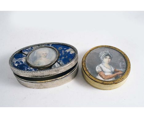 A SILVER SNUFF BOX engine turned, the cover set with a miniature portrait within lapis surround; 10.5 cms (def) and an ivory 
