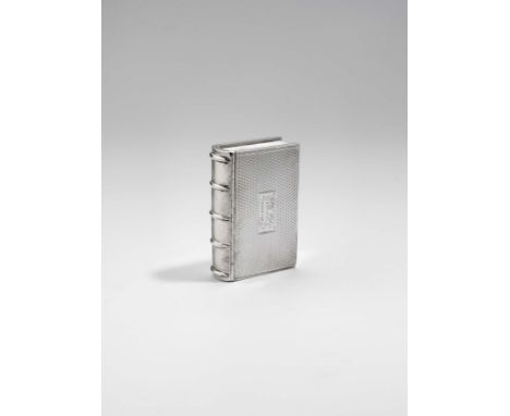 A WILLIAM IV SILVER SNUFF BOX shaped like a book, with engine-turned decoration and a cartouche on the cover, inscribed "Thom