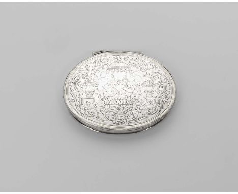 A QUEEN ANNE SILVER OVAL SNUFF BOX with a moulded border & a "stand-away" hinge, the cover flat-chased and engraved with a co