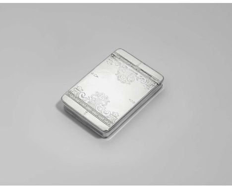 A GEORGE I SILVER SNUFF BOX rectangular with rounded corners and moulded borders, the cover engraved with a symetrical design