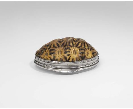 A GEORGE II SILVER MOUNTED TERRAPIN SHELL OR CARAPACE SNUFF BOX with a shaped thumbpiece and a slightly domed, plain, navette