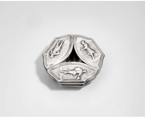 A GEORGE II SILVER TRIPLE SNUFF BOX of shaped circular outline with three compartments and three hinged covers, each chased w