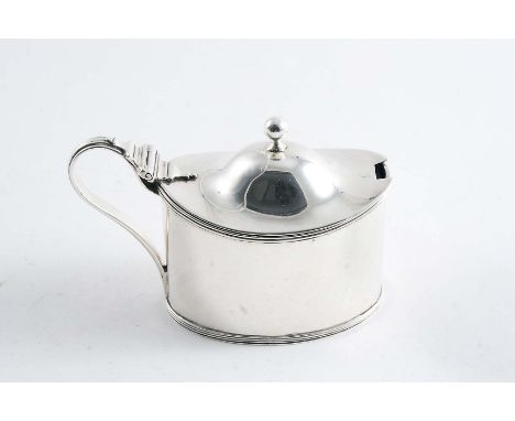 A GEORGE III PLAIN OVAL MUSTARD POT with a domed cover, ball finial and blue glass liner, by Robert & David Hennell, London 1