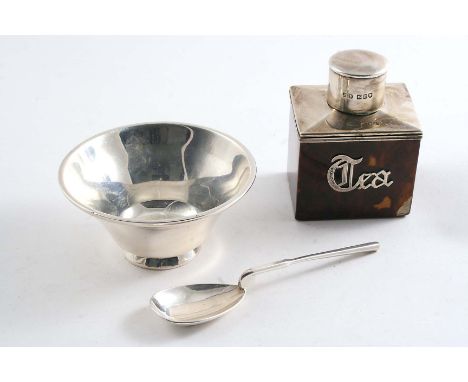 AN EDWARDIAN MOUNTED TORTOISESHELL TEA CADDY with a pull-off cap, by J.C. Vickery, London 1902 and a copy of a Roman bowl and