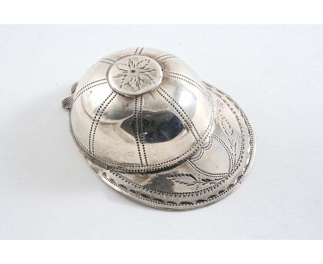 A GEORGE III ENGRAVED "JOCKEY CAP" CADDY SPOON with pricked & bright-cut borders & a vacant shield cartouche on the peak, by 