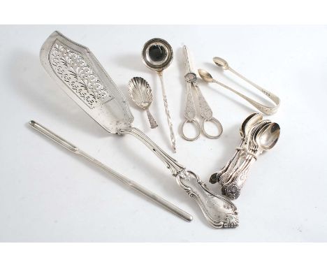 A MIXED LOT:- A William IV Albert pattern fish slice, engraved with the badge of the 48th (Northamptonshire) Regt. a set of e