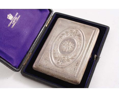 A VICTORIAN ENGINE-TURNED CARD CASE of rounded oblong form with engraved flowers & monogram in the centre, silk pocket lining