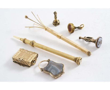 A SMALL MIXED LOT:- A 9 ct. gold cocktail swizzle stick, a Victorian gold cased pencil by S. Mordan & Co., a gilt-metal & aga