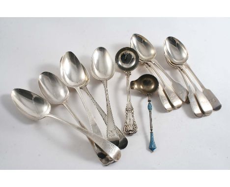 A MIXED LOT:- A set of five Fiddle pattern dessert forks by John Stone, Exeter 1846, another London-made example 1836, all in