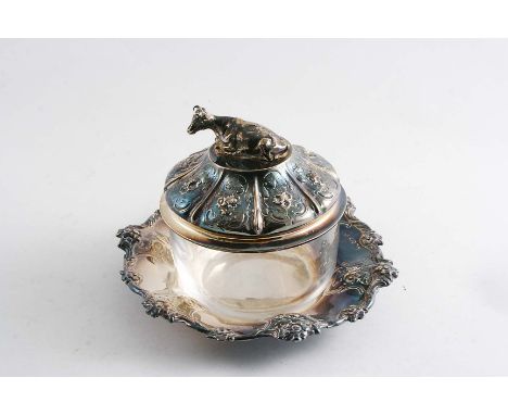 A VICTORIAN BUTTER DISH AND COVER with cow finial and a later non-matching glass liner, the base & cover by Messrs. Lias, Lon