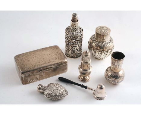 A MIXED LOT:- A modern pepper caster, a late Victorian tea caddy, a mounted glass toilet bottle, a cigarette box, Birmingham 