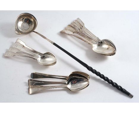 A MIXED LOT:- A set of six Fiddle pattern dessert spoons, initialled, by George Adams, London 1857, five various Fiddle tea s