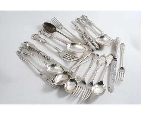 FIVE VARIOUS VICTORIAN CHRISTENING SPOON & FORK SETS another early 20th century set with Feather edging, two Victorian Christ