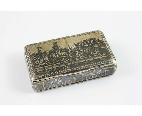 A 19TH CENTURY RUSSIAN SMALL SILVERGILT & NIELLOWORK SNUFF BOX with an architectural scene on the cover & base, marks partial