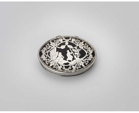 A GEORGE I / II SILVER MOUNTED TORTOISESHELL SNUFF BOX navette-shaped with two small "stand-away" hinges, the cover inlaid wi