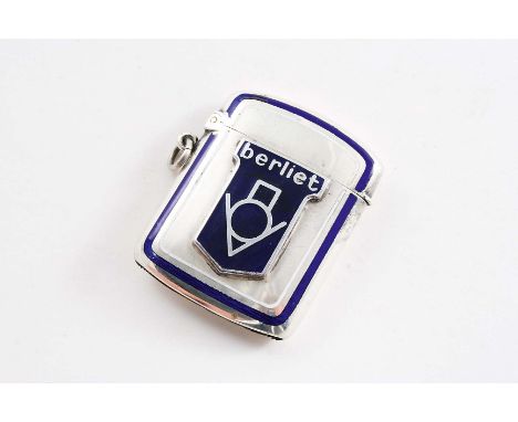 AN EARLY 20TH CENTURY AUSTRO-HUNGARIAN VESTA CASE decorated with enamel and an applied badge "Berliet" , maker's mark "J.R", 