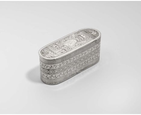 A GEORGE III SILVER BRIGHT-CUT SNUFF BOX of rounded rectangular form, profusely decorated, with alternating decorative bands 