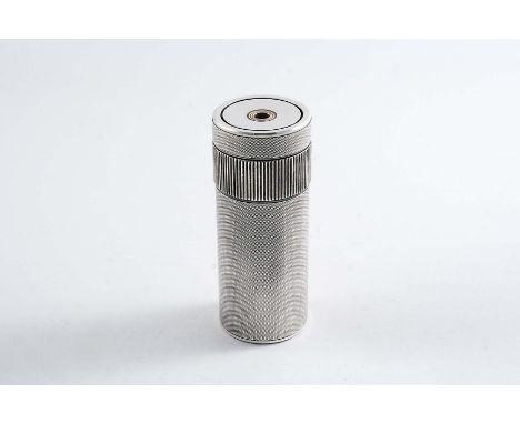 A LATE 20TH CENTURY FRENCH CYLINDRICAL ELECTROPLATED TABLE LIGHTER with engine-turned decoration and a twist ring action, by 