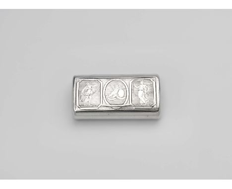 A GEORGE III ENGRAVED SILVER SNUFF BOX in the form of a portmanteau, rounded oblong with a faux handle at each end, the cover