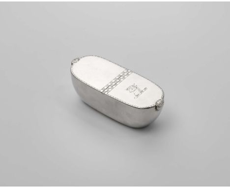 A LATE GEORGE II SILVER DUAL COMPARTMENT SNUFF BOX boat-shaped, with twin hinged covers, each with border engraving and a che