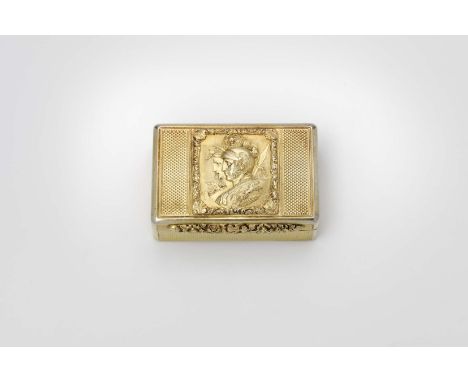 A GEORGE IV SILVERGILT SNUFF BOX rectangular with engine-turning and a raised floral thumbpiece, the cover with a cast and ch