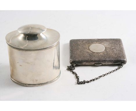 AN OVAL TEA CADDY with a waisted domed cover & reeded borders, by George Unite, Birmingham 1924 and a late Victorian card/not