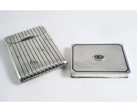 A CIGARETTE CASE with ribbed body & hinged flap, French c.1900; 11 cms and a French rectangular box, engine turned & inscribe