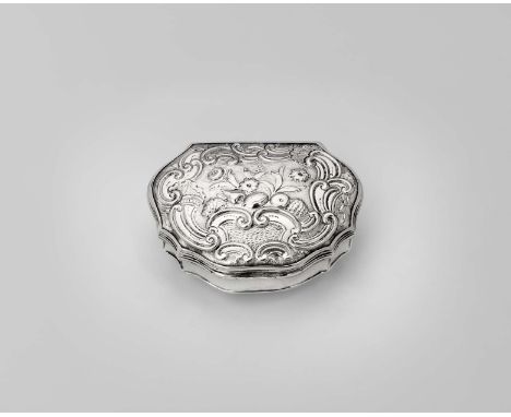 A GEORGE II SILVER SNUFF BOX cartouche-shaped with repousse-work fruit, flowers & scrolls on the cover, the base scratched "S