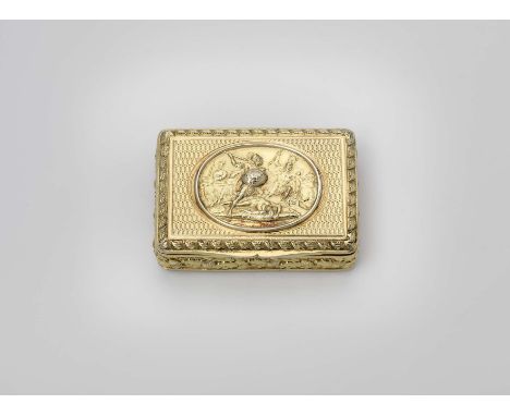 A GEORGE III SILVERGILT SNUFF BOX oblong with engine-turning and cast leaf borders around the cover and base, the sides with 