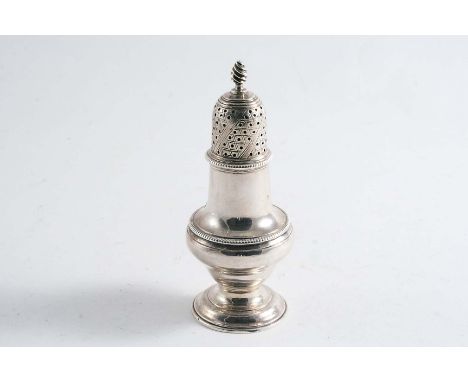 A GEORGE III PEPPER CASTER of baluster form with ribbed borders and a wrythen finial, by Jabez Daniel & James Mince, London 1