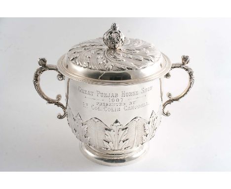 AN EDWARDIAN TROPHY CUP & COVER "Great Punjab Horse Show 1907 presented by Lt.Col.Colin Campbell", in the form of a Charles I