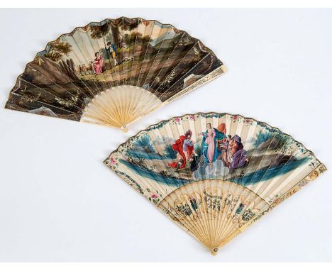 A FAN Brise ivory guards and sticks, skin leaves painted with a rustic couple early 19th century; 25 cms and a fan with paint