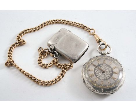 A LATE VICTORIAN POCKET WATCH with engine-turned case and applied gold Roman numerals, hallmarked London 1883, on a 9 ct. gol