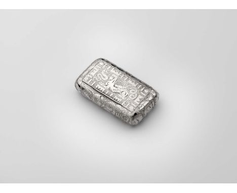 A GEORGE III SILVER SNUFF BOX of rounded rectangular form engraved all of with matting, formal motifs, a winged sphinx, serpe