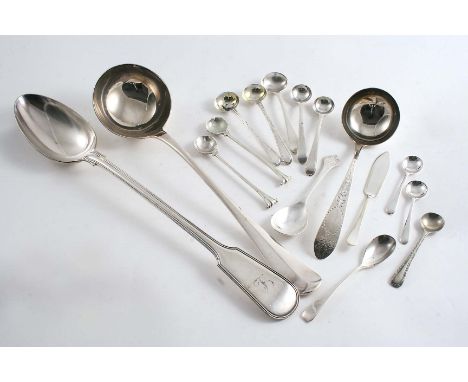 A MIXED LOT:- A George III Irish bright-cut sauce ladle, an early 20th century small Hanoverian pattern soup ladle, seven ant