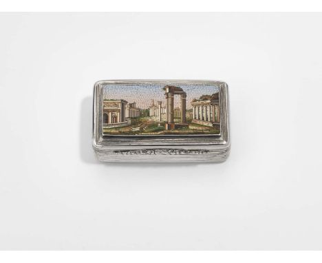 A WILLIAM IV SILVER SNUFF BOX with reeded sides, a chased thumbpiece and an engine-turned base, the cover inset with a microm