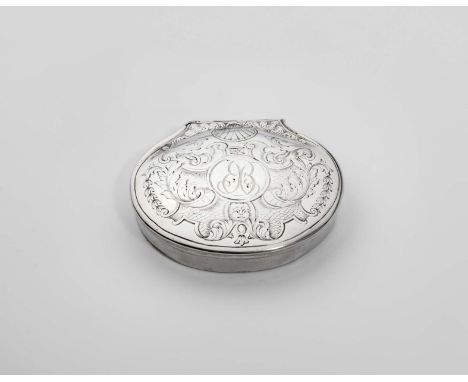 A QUEEN ANNE SILVER SNUFF BOX cartouche-shaped with a slightly domed cover, engraved with a decorative cartouche with scrolls