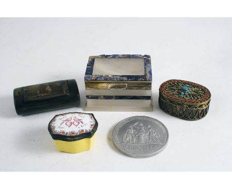 AN ONYX & LAPIS VESTA BOX with silver mounts hallmarked 1909, an enamel snuff box, the cover inscribed "Take this for a Kiss"