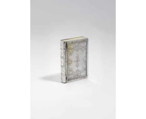 A GEORGE I SILVER-MOUNTED MOTHER OF PEARL SNUFF BOX in the form of a book with formal engraving, the spine titled "The Dayly 