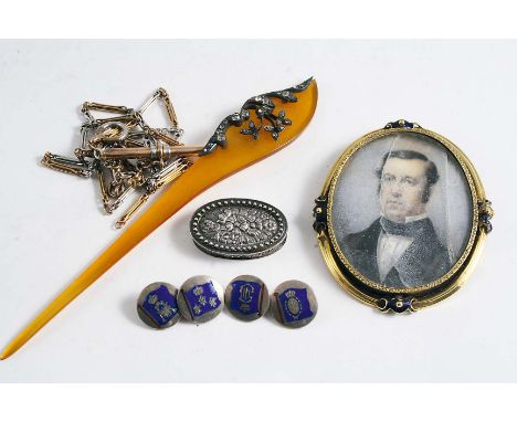 A VICTORIAN MINIATURE PORTRAIT OF A GENTLEMAN mounted as a brooch in gold and enamel frame; 6.5 x 5.5 cms overall, a two-colo
