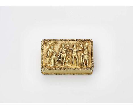 A GEORGE IV SILVERGILT SNUFF BOX rectangular with engine-turning and raised floral borders, the cover embossed and chased wit