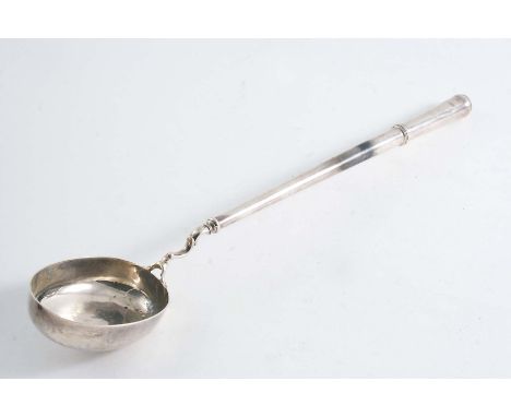 A GEORGE II CANNON-HANDLED PUNCH LADLE with a deep oval bowl, initialled "J.G.F" underneath, leopard's head and lion passant 