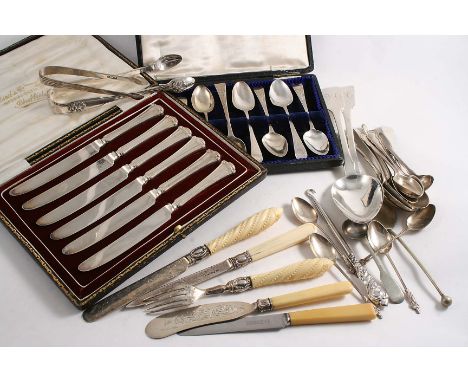 A MIXED LOT:- A cased set of six tea knives (plated blades), a case containing eight various bright-cut tea spoons, some init