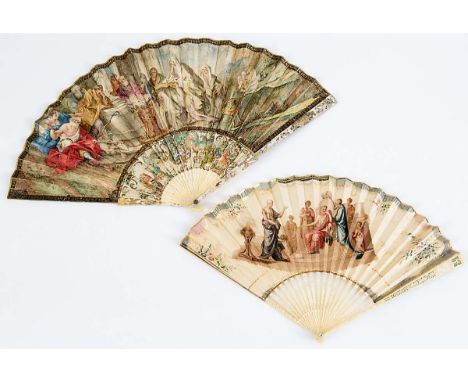 A FAN Carved mother of pearl guards & ivory sticks, skin leaves painted with classical figures, 18th century; 29.5 cms and a 