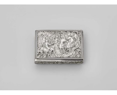 A GEORGE IV SILVER SNUFF BOX rectangular with convex, repousse-work sides and an engine-turned base with vacant central carto